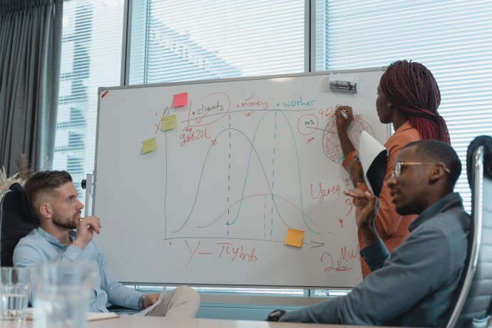 A diverse team in a modern office collaborating on a business strategy, using a whiteboard for brainstorming.